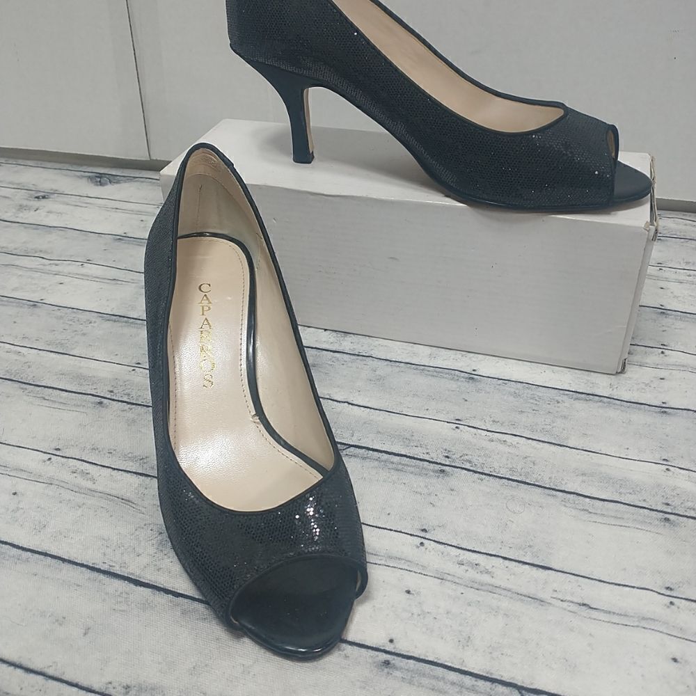 Women's SZ 9B CAPARROS Pumps Black Sparkle Peep Toe Shoes Heels.
